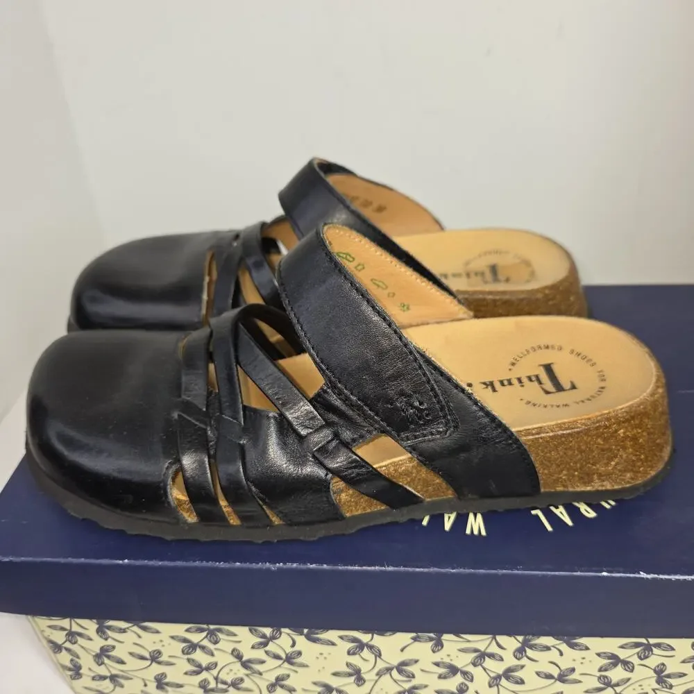 Think! Nappa Slide Sandals Black Leather Cutout Cork Comfort Sz 7 Womens Shoes - Picture 5 of 11